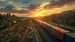 Logistics by Rail: Freight Train Carrying Containers at Sunset. copy space for text.