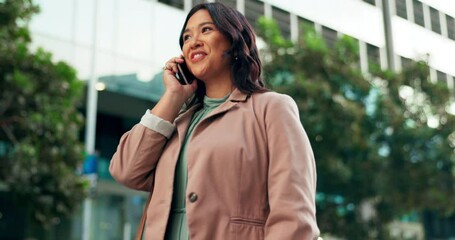 Canvas Print - Asian woman, phone call and talking in city, planning and networking for company deal. Female person, speaking and app for conversation in urban town, travel and consultant for contact on commute