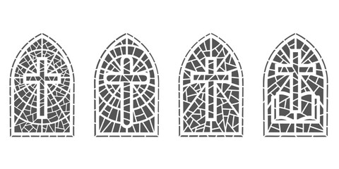 Church glass windows. Stained mosaic catholic and christian frames with cross. Vector outline gothic medieval arches isolated on white background