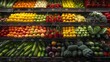 A commercial display case filled with a colorful variety of fruits and vegetables neatly arranged in the produce section