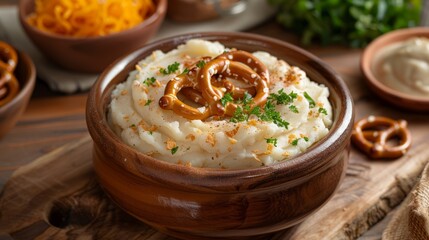 Wall Mural - A wooden bowl holds a mix of creamy mashed potatoes and crunchy pretzels