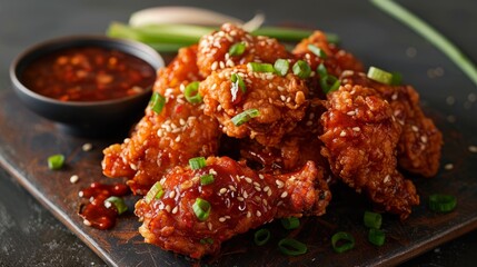 Wall Mural - High-angle view of Korean fried chicken wings on a plate, topped with sauce and green onions