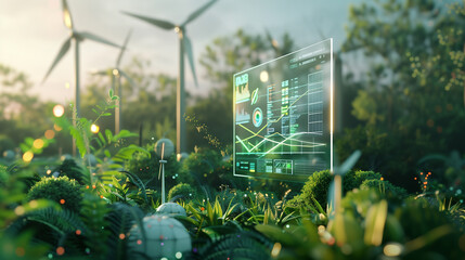 Poster - A computer monitor displays a graph of a company's stock price. The room is filled with green plants, creating a peaceful and natural atmosphere