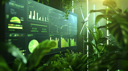 Poster - A computer monitor displays a graph of a company's stock price. The room is filled with green plants, creating a peaceful and natural atmosphere