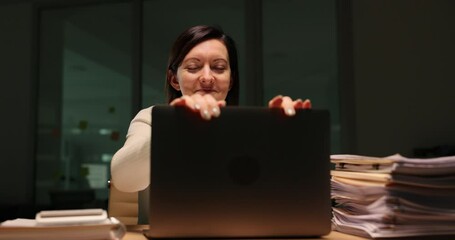 tired employee overloaded with work, has finally completed project and is celebrating end of the wor