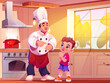 Chef teaching boy to cook in kitchen. Vector cartoon illustration of happy young man in white uniform, curious kid learning to prepare meal at home, food boiling on pan on cooker, sunlight in window