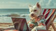 This stylish pooch in a Hawaiian shirt at a computer represents the balance of work and holiday vibes, perfect for vacation, remote work, or a summer party theme