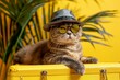 This image showcases a cat dressed in vacation attire sitting on a yellow suitcase, exuding a vibe of summer travel and holiday readiness