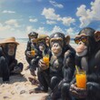 A lively summer scene portraying a group of chimpanzees sharing a holiday moment with tropical drinks, emblematic of party and vacation vibes