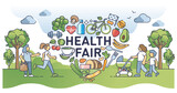 Fototapeta  - Community health fair for active lifestyle and eating balance outline concept, transparent background. Social care for diet nutrition and sport exercise significance illustration.