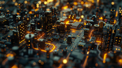 Poster - A cityscape with a lot of lights and buildings. The city is lit up and it looks like a computer-generated image