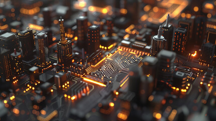 Poster - A cityscape with a lot of lights and buildings. The city is lit up and it looks like a computer-generated image