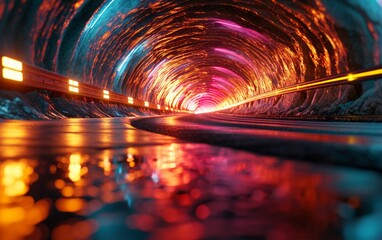 Poster - Tunnel with lights and reflections at night. Abstract background.