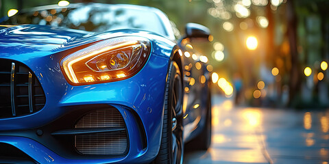 Wall Mural - front headlight of blue luxury car parked on street close up