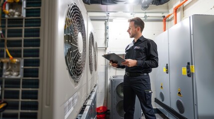 A technician stands beside a large air conditioner, holding a clipboard and performing maintenance