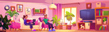 Fototapeta Sport - Woman in pink home living room interior with sofa. Cartoon cozy flat design with couch, tv, armchair and bookcase. House livingroom with man inside. Wood floor in apartment lounge graphic drawing