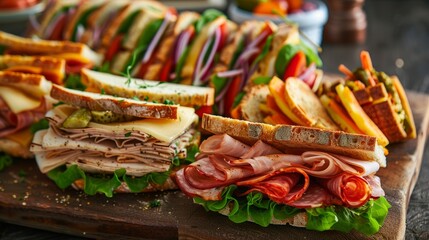 Wall Mural - A detailed closeup of sandwiches and french fries arranged on a wooden cutting board, showcasing textures and ingredients