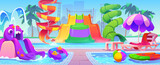 Fototapeta Panele - Summer waterpark with water pools and slides. Cartoon vector illustration of amusement aquapark with bright waterslide, inflatable balls and rings, lounge chair under umbrella and palm trees.