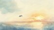 © Alpha - Serene watercolor scene of a toy airplane gliding over a tranquil ocean at dawn, reflecting calm and freedom, suitable for inspirational wall art