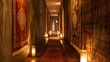 A hallway lined with peaceful tapestries and flickering candles inviting guests to unwind and relax. 2d flat cartoon.