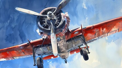 Vibrant watercolor of a classic plane against a clear blue sky, illustrating the beauty and excitement of an air show