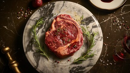Wall Mural - A marbled rib eye steak is elegantly presented on a plate with a knife and fork atop a marble surface