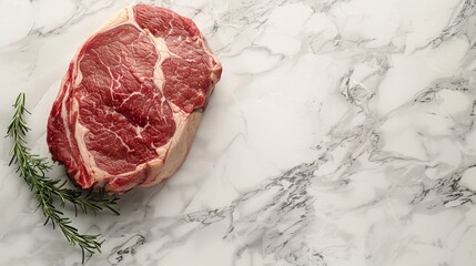 Wall Mural - A marbled rib eye steak resting on a luxurious marble counter, ready for cooking or grilling, with space for text