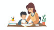 Boy doing homework with mother working Hand drawn style