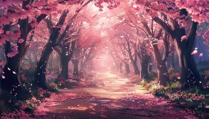 Wall Mural - A path through a forest of cherry trees by AI generated image