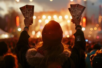 Wall Mural - Crowd of people holding up tickets at a concert event, showing excitement and anticipation for the show