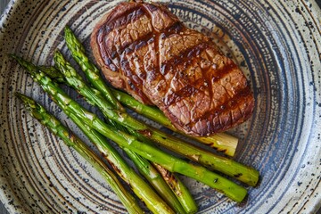 Wall Mural - Closeup topdown view of a succulent beef steak and perfectly grilled asparagus arranged on a round plate