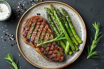 Wall Mural - A top-down view of a plate with a juicy beef steak and fresh asparagus