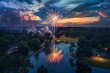 A vibrant fireworks display illuminating the night sky over a peaceful lake, creating a mesmerizing reflection in the water