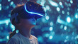 close-up view of little boy girl child face wearing vr virtual reality headset goggles and enjoying technological immersive content experience created with Generative AI Technology