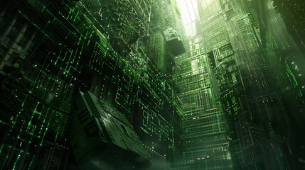 Poster - A digital matrix, where cascading streams of green code intertwine and converge in a mesmerizing display of complexity. Incorporate elements of circuitry and futuristic technology to convey the intric