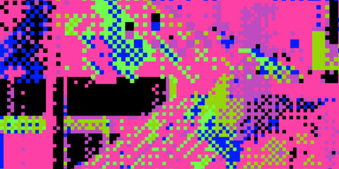 Poster - Bright neon glitchy background. Concept vector illustration of a broken program code or malware attack. 