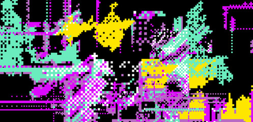 Aufkleber - Bright neon glitchy background. Concept vector illustration of a broken program code or malware attack. 