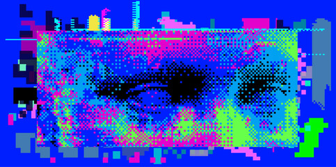 Poster - Pixelated silhouette of eyes in neon colors. Conceptual vector illustration about human in the age of technology. 