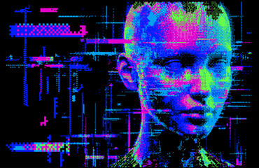 Aufkleber - Glitched and pixelated silhouette of a 3D human head on a dark background. Conceptual vector illustration about man in the age of technology. 