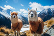 Two llamas standing on a snowy mountain