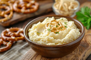 Wall Mural - A bowl of creamy mashed potatoes and crunchy pretzels displayed on a wooden cutting board