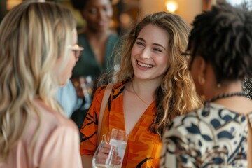 Wall Mural - A candid shot of a group of female professionals standing next to each other, networking at a business mixer event