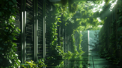 Poster - A long, narrow hallway with green vines growing on the walls. The vines are thick and lush, creating a sense of a natural, wild environment