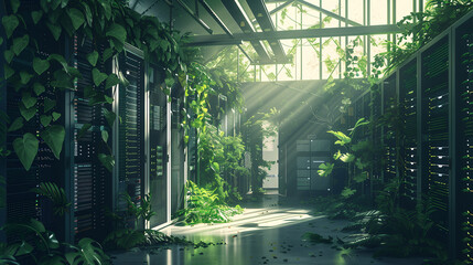 Poster - A long, narrow hallway with green vines growing on the walls. The vines are thick and lush, creating a sense of a natural, wild environment