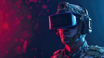 Wall Mural - Soldier in VR headset with abstract lights - A futuristic soldier wearing a VR headset stands against a backdrop of vibrant, abstract red and blue lights