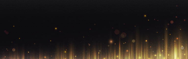 Poster - Vertical gold line light effect. Sparkle and flare beam. Magic laser speed ray glow. Mystery technology data fiber pattern. String projection bg. Upward lens trail banner with space illustration