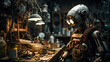 A steampunk robot is working on a project in its workshop.