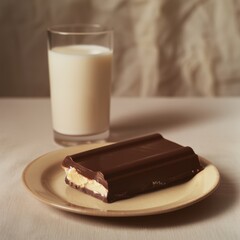 Wall Mural - A chocolate bar sits on a plate next to a glass of milk