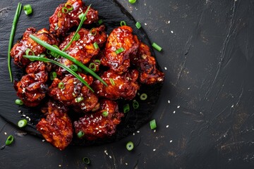 Wall Mural - A black plate is filled with Korean fried chicken covered in sauce and topped with green onions