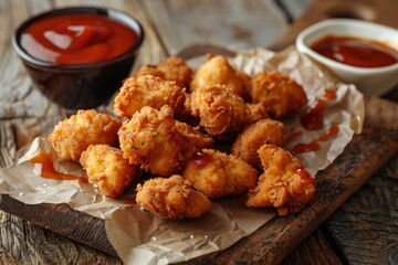 Wall Mural - Various fried food items, including chicken nuggets and fries, arranged neatly on a wooden cutting board